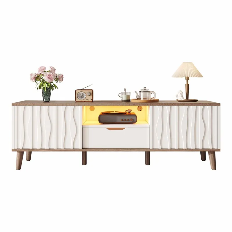 Mueble TV LED 160x40x52 cm - con almacenaje, puerta corredera, para TV hasta 70", estilo moderno para salón y dormitorio - blanco y nogal oscuro