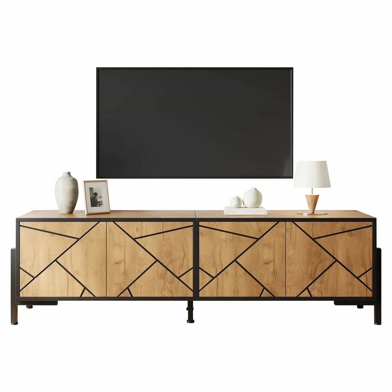 Mueble TV bajo 153 x 40 x 50 cm - 4 puertas, diseño geométrico contrastante, apto para TV de 65 pulgadas, líneas negras - madera natural