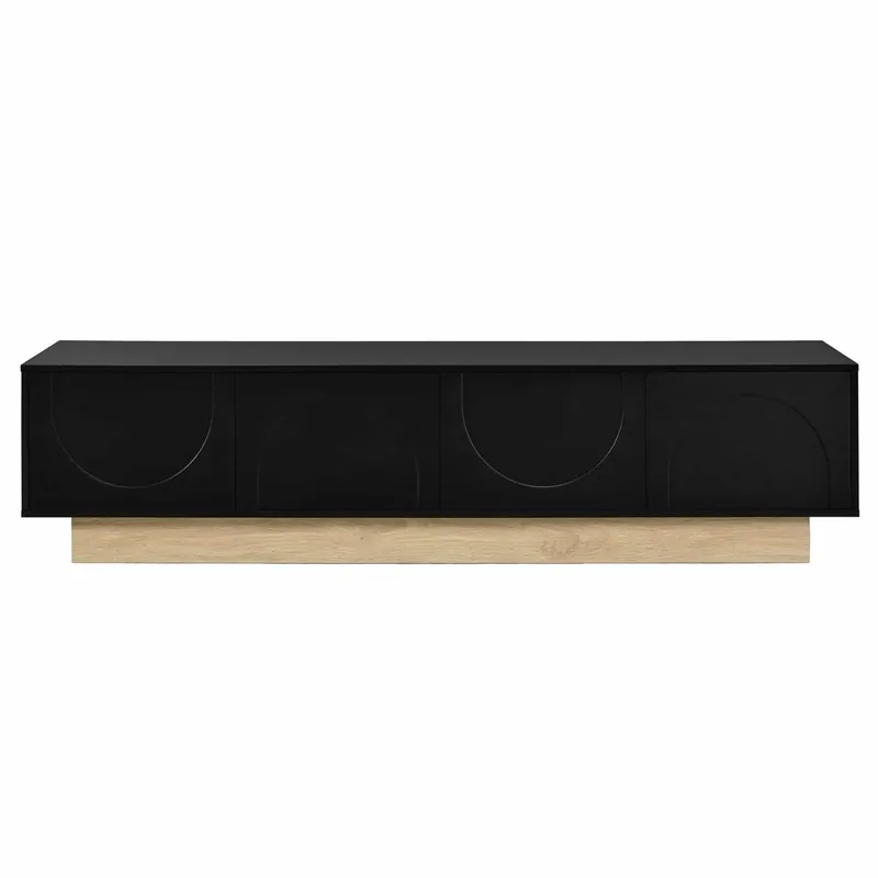 Mueble TV 175 cm - diseño moderno minimalista curvado con veta de madera, amplio espacio de almacenamiento y gestión de cables - negro