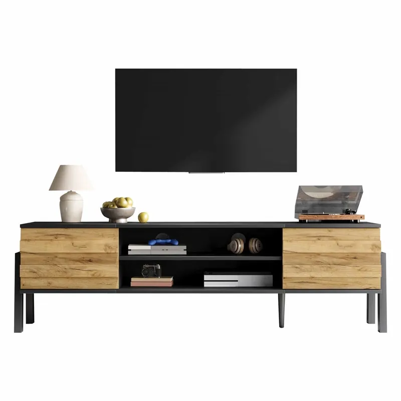 Mueble TV 175x39,5x53 cm - Lowboard con 2 armarios y espacio de almacenamiento abierto, soporte para TV hasta 70 pulgadas - Negro