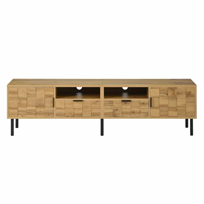 Mueble TV Mosaik 2 puertas 2 cajones - Bajo para salón con 2 estantes abiertos, patas metálicas - Color natural