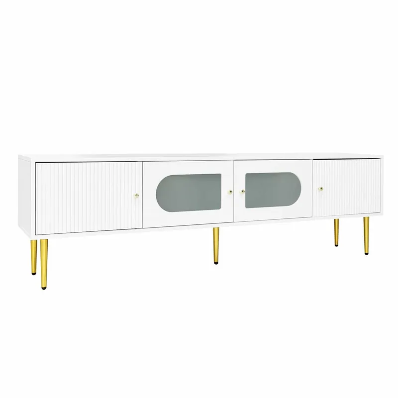 Mueble TV 170 cm - Cuerpo blanco con patas y tiradores dorados, 2 puertas con ranuras verticales y 2 con vidrio curvado - Blanco