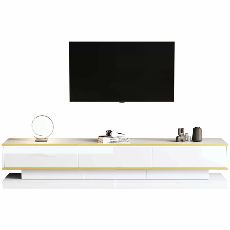 Mueble TV 200x40x40 cm - Lowboard con 3 cajones - Blanco cálido con borde dorado
