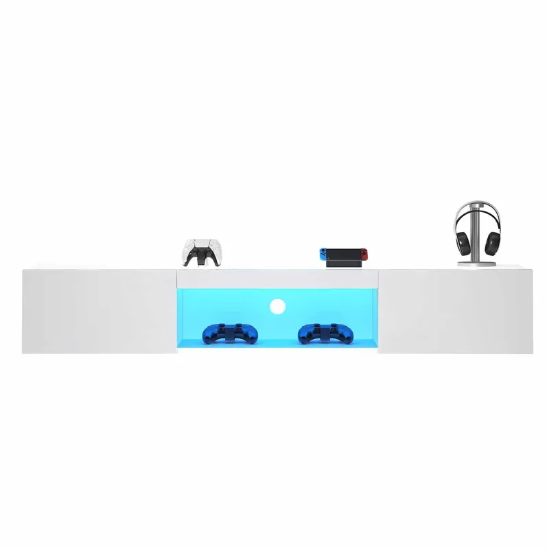 Mueble de TV montado en la pared 160x31x22cm - blanco, con iluminación LED, control por app Bluetooth, capacidad de carga 30kg