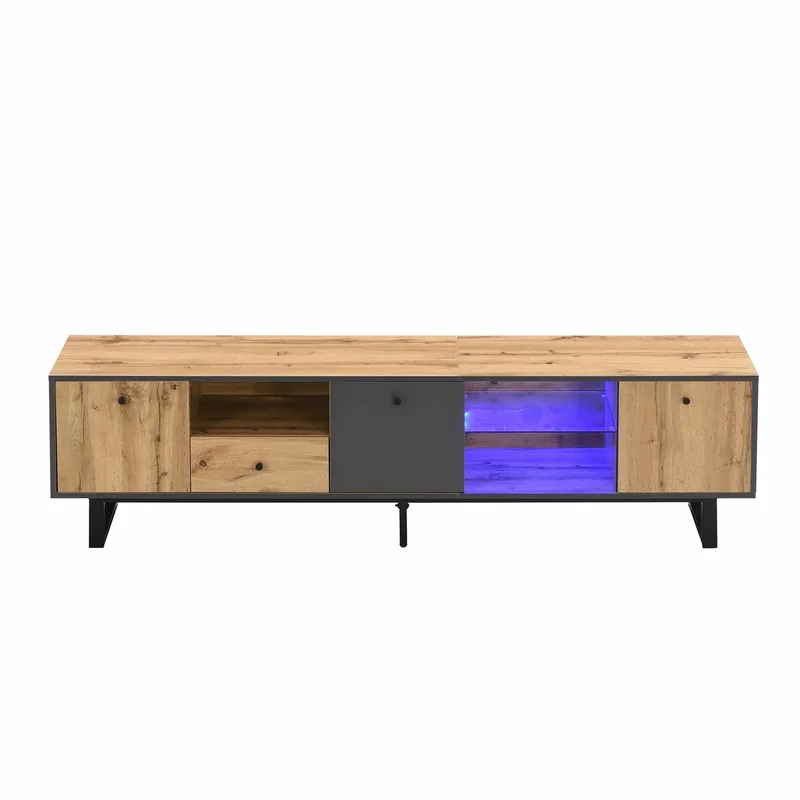 Mueble TV con LED 190 cm - 6 mamparas y 1 cajón - Natural