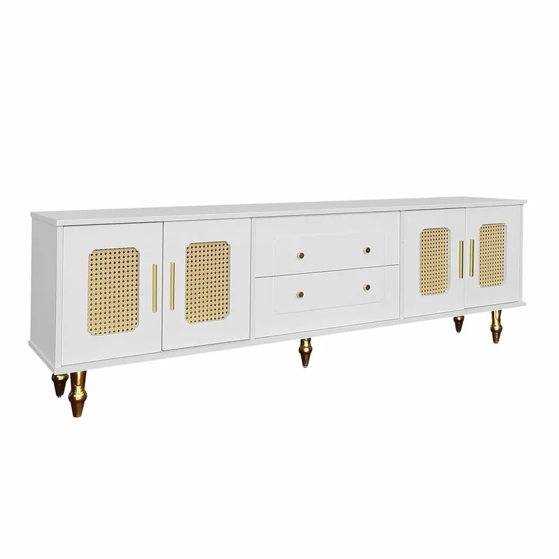 Mueble para TV moderno - con puertas de ratán y 2 cajones - patas de metal - Blanco