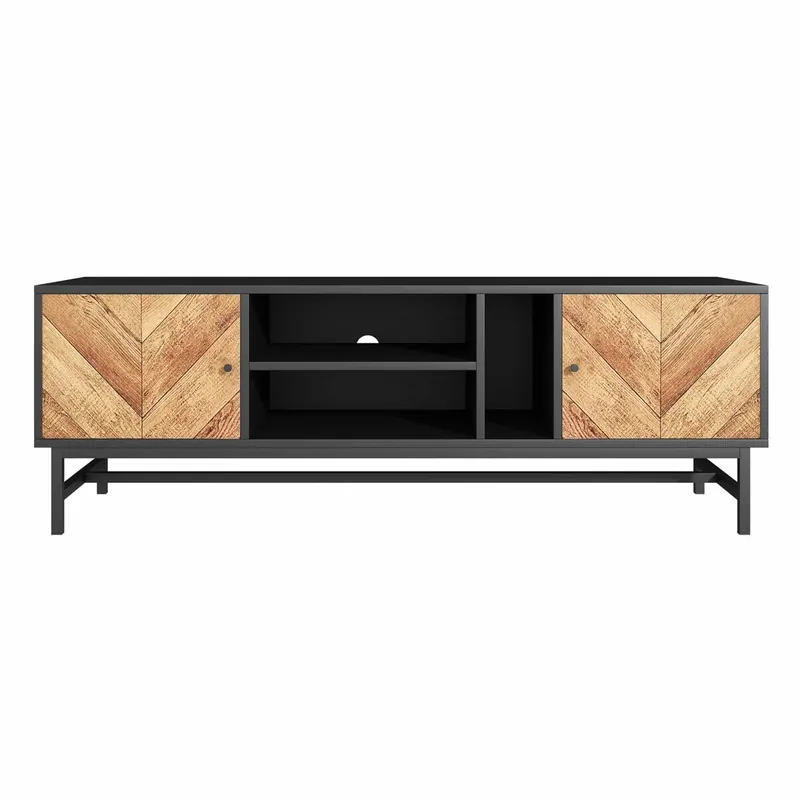 Mueble TV 150x38x55cm - con estantes y 2 puertas - Natural + Negro