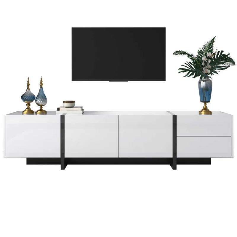 Mueble TV moderno de 190 cm con 3 puertas y 2 cajones - Blanco brillante y negro