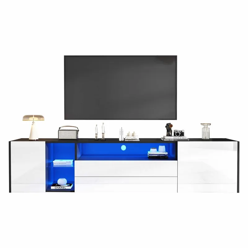 Mueble TV 180x40x45 cm - TV Lowboard con LED, 2 cajones y 2 armarios - Blanco y Negro