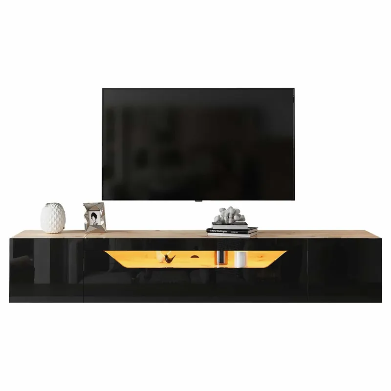 Mueble TV 180x37x36 cm - Lowboard con 3 compartimentos, Hängeschrank flotante con LED, TV para 75” - Negro + Madera Natural