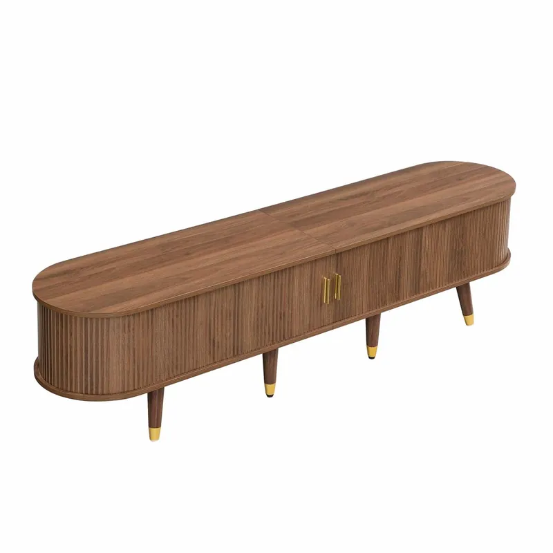 Conjunto de salón 3 piezas - mesa de centro elevable, mueble TV, aparador, puertas correderas, estriado vertical, patas de madera, tiradores dorados, almacenamiento - Nogal