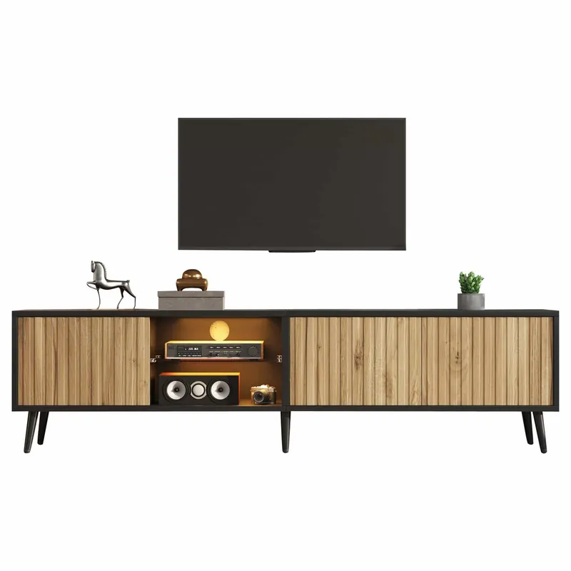 Mueble TV LED bajo 175x31x43,5 cm - lowboard con 3 armarios, vidrio templado, 6 patas de soporte, gran capacidad de almacenamiento, apto para TV de 75 pulgadas - madera natural y negro