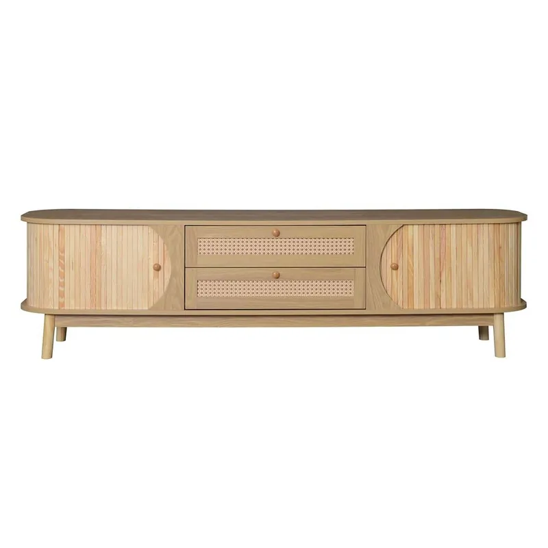 Mueble TV – Estilo rústico natural con puertas y cajones, con laterales de ratán - Color natural