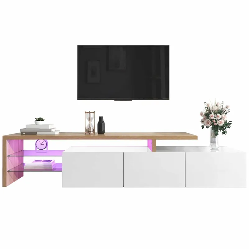 Mueble TV 160 cm - Diseño moderno, elegante, almacenamiento práctico, blanco brillante, efecto madera, estantes de vidrio, iluminación LED - Blanco