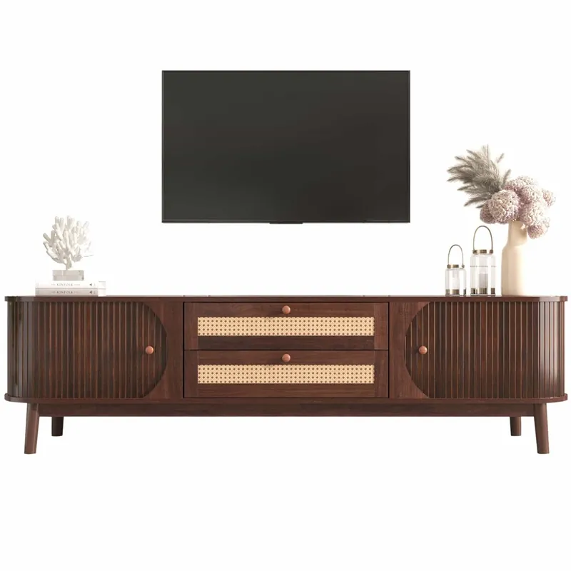 Mueble TV de madera maciza y ratán 170 cm - 2 cajones y 2 puertas - estilo rústico - marrón