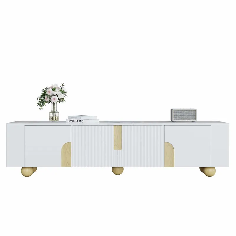 Mueble TV 180 cm - 4 puertas, diseño elegante, superficie efecto mármol, pies de madera esféricos - Blanco, Madera