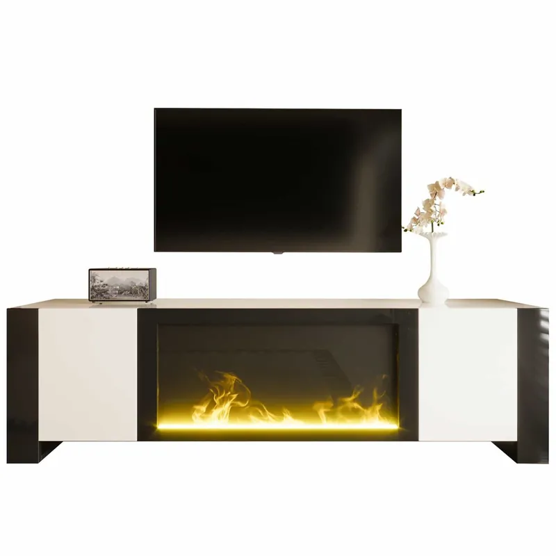 Mueble TV con chimenea eléctrica - Efecto de llama, sin función de calefacción, Alto brillo - Blanco+Negro