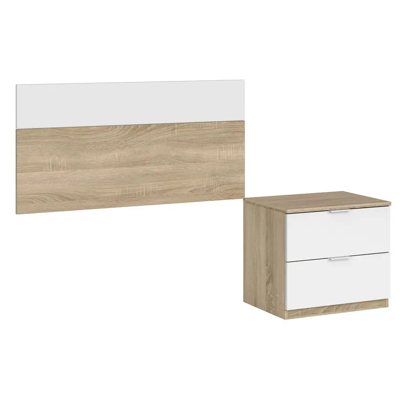 Pack de Muebles de Dormitorio Juvenil Luca en Color Blanco y Roble Canadian formado por Armario, Cabecero y Mesita (Escritorio Opcional) - Descanso