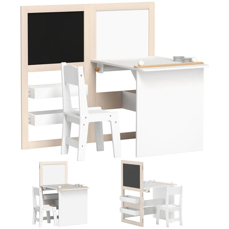 AIYAPLAY Mesa y Silla Infantil de 2 Piezas Mesa Infantil con Silla y Caballete Plegable para Niños de +3 Años con Estantes y Rollo de Papel para Dormitorio Sala de Juegos Blanco - Muebles