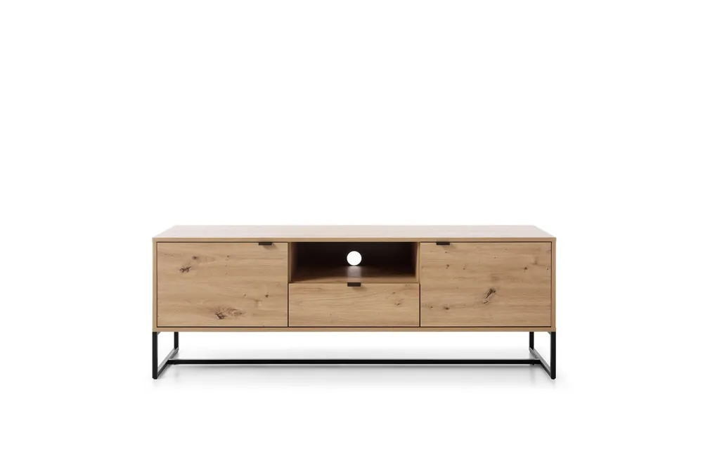El soporte de TV AMBER en roble claro es de parquet y presenta un nuevo diseño rústico. - Muebles