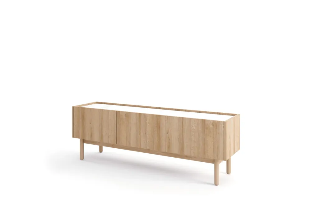 El soporte de TV BOHO es de color beige y blanco y tiene un estilo boho. Mide 48x144x37 cm e incluye 3 estantes y 3 puertas. - Muebles
