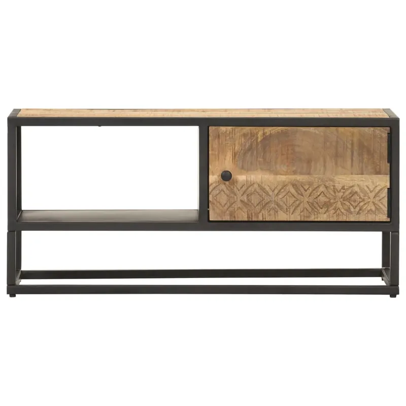 Mueble de TV puerta tallada madera de mango rugosa 90x30x40 cm - Muebles