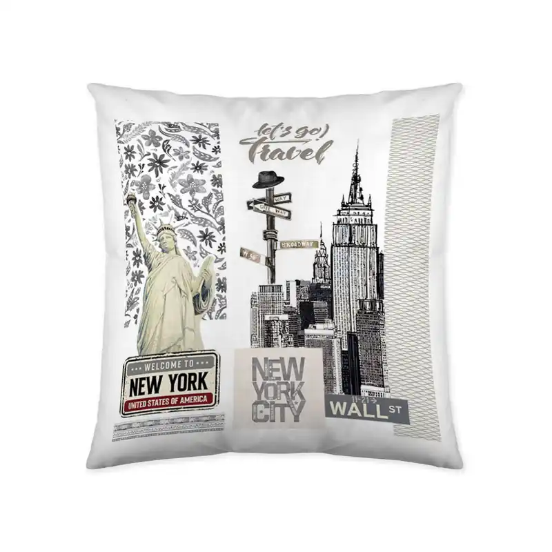 NATURALS - Funda de Cojin Estampado - Sin relleno - 50x50 Cm - Algodón Extra Suave - Fabricado en España - NEW YORK TRAVEL