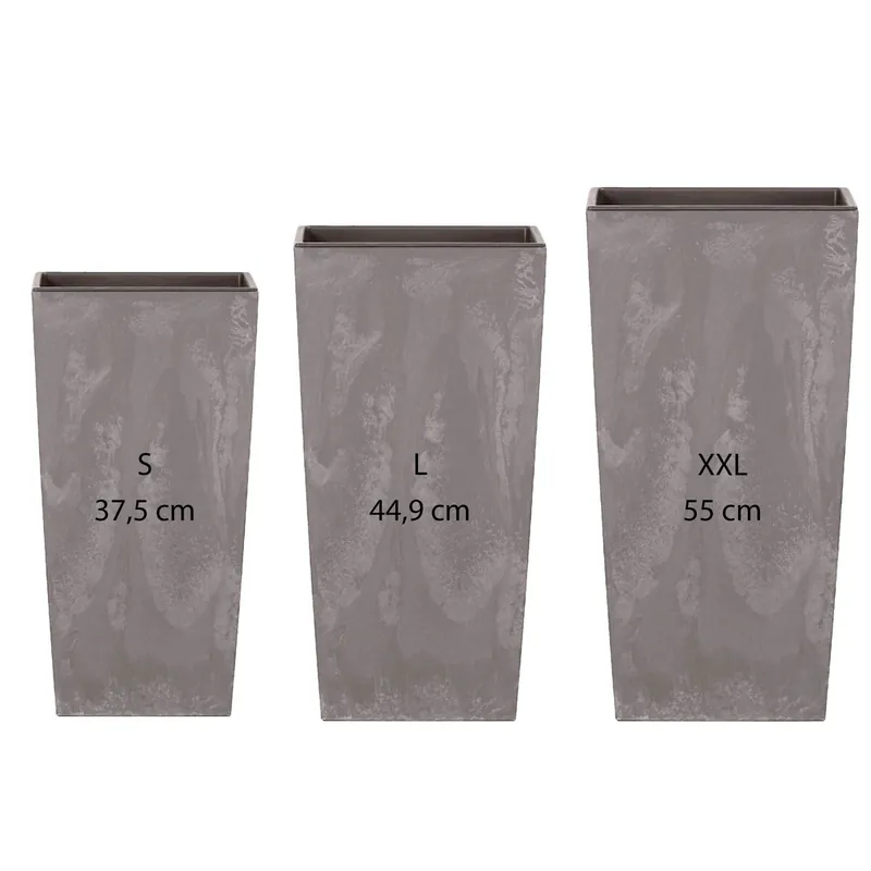 Pack 3 macetas altas Prosperplast (11,4/19/35 litros) Urbi Square Effect de plastico en color gris claro con deposito. - Decoración