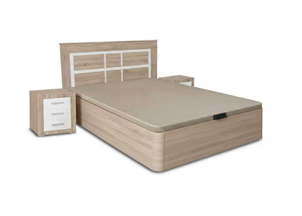 Pack Cama Canape Blanco 135cm + Cabecero y 2 Mesitas de Noche Cambria y Blanco - Descanso