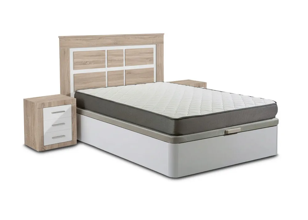 Pack Cama Canape, Blanco, 150cm + Colchón + Cabecero y 2 Mesitas de Noche, Cambria y Blanco - Descanso