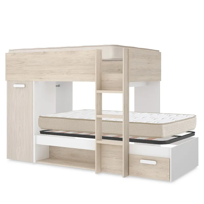 Pack ahorro juvenil Cama tren Kos, 1 Somier y 2 Colchones viscoelásticos Nova 90 x 190 cm - Descanso