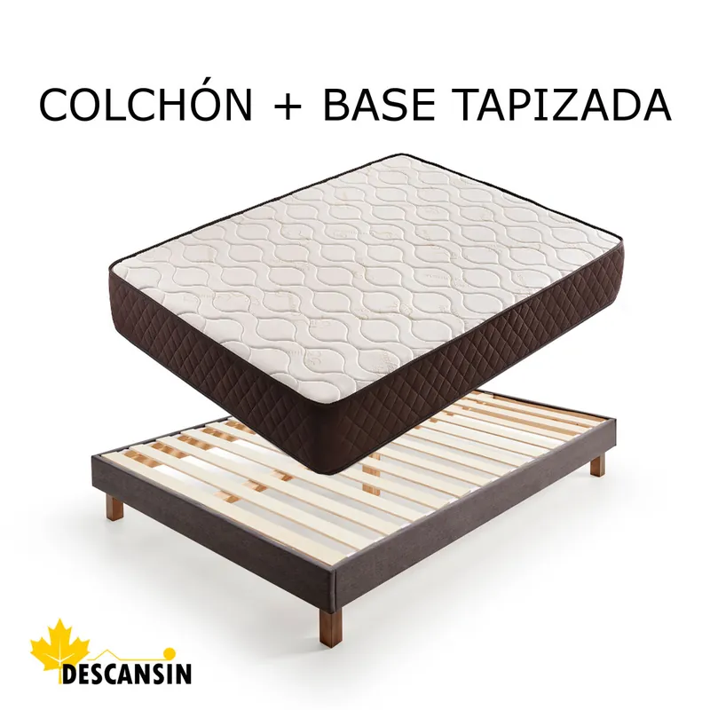 Pack Colchón y Base Tapizada Gris Con Patas, Medidas 90x190cm, Gris, Ideal para Personas con Dolores de Espalda, Silenciosa, Descansin - Descanso