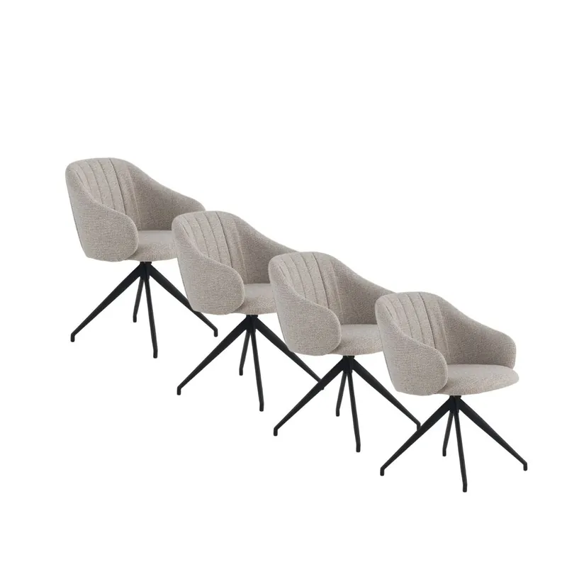 Pack de 4 sillones giratorios tapizados en chenilla color beige y patas de metal color negro - Muebles