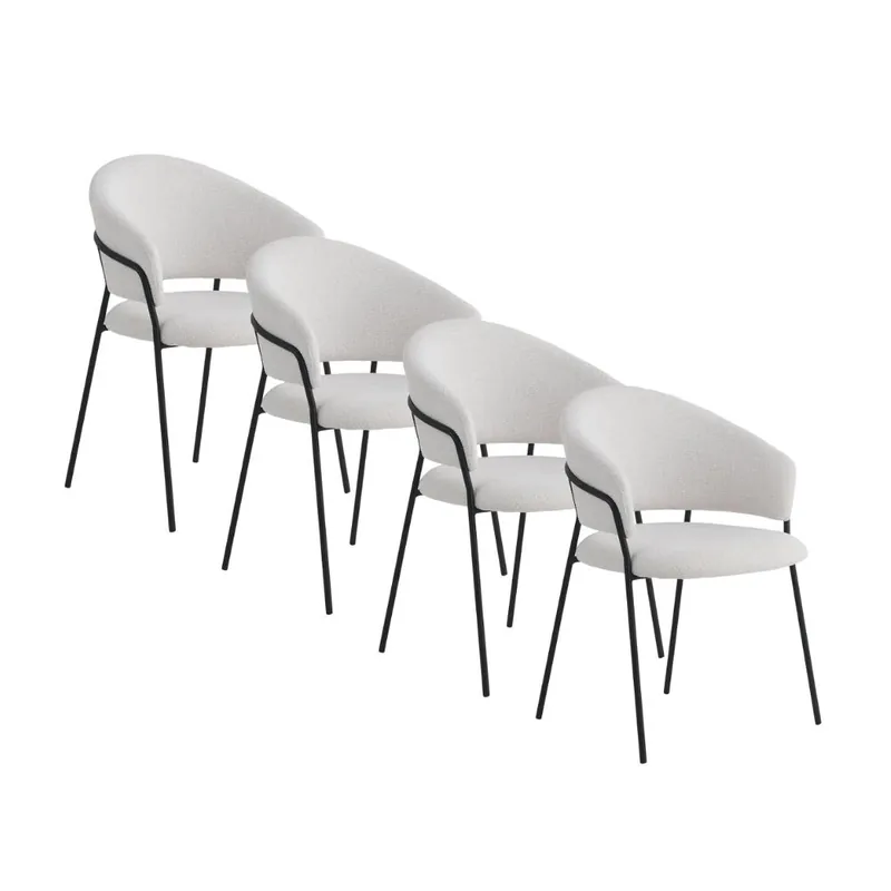 Pack de 4 sillones tapizados en chenilla color crema y patas de metal color negro - Muebles