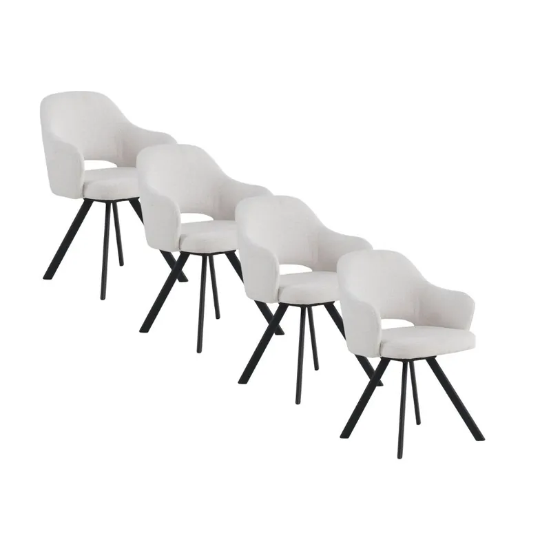 Pack de 4 sillones tapizados en chenilla color crema y patas de metal color negro - Muebles