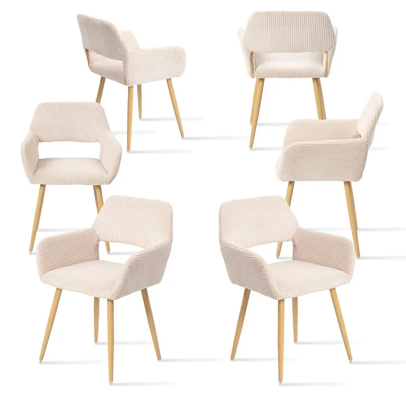 Pack de 6 Sillas de Comedor Ergonómicas con Reposabrazos Silla de Salón Acolchada de Pana Sillón de Escritorio Moderno con Patas de Efecto Madera Beige - Muebles
