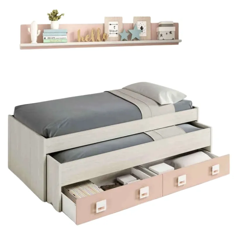 Pack Habitación Juvenil Infantil Rosa Gris Blanco Alpes Completo (cama Nido+estante+armario+escritorio+estantería) Con Somieres - Descanso