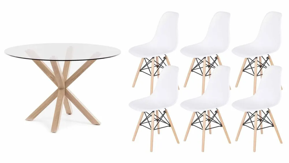 Pack Mesa Redonda de Cristal Templado + 6 Sillas Estilo Nordico Blancas - Muebles