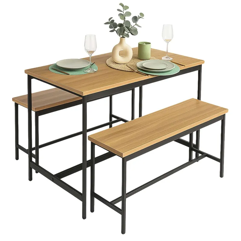 Juego de Mesa Fija de Cocina con 2 bancos, Muebles de Cocina Lari Roble Cambrian y Negro Mesa 110x75x60 cm y 2 Bancos 98x45x30 cm