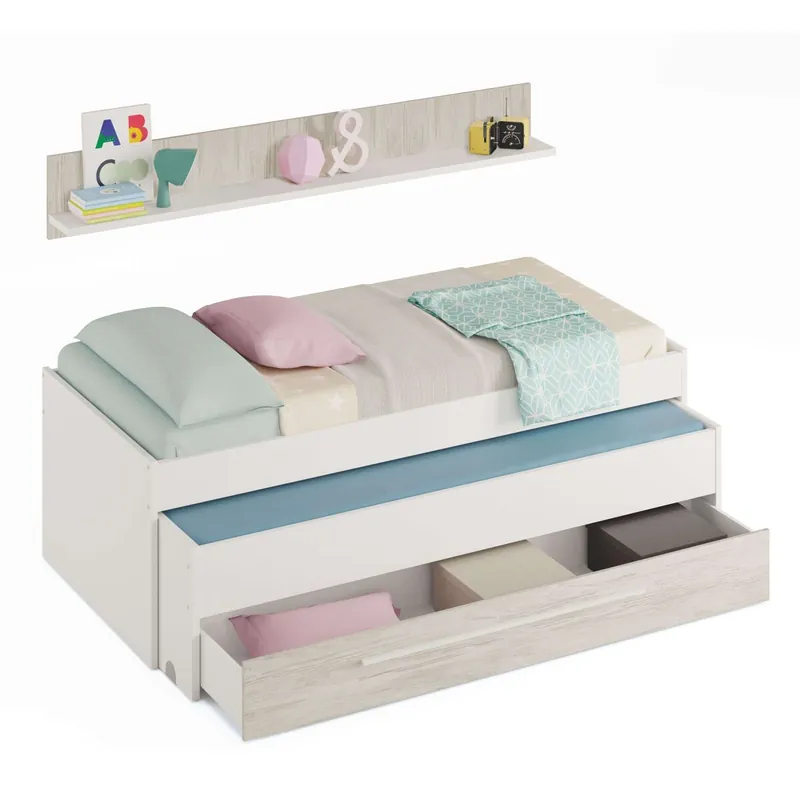 Pack Muebles Infantil Juvenil Elliot Blanco (Cama Nido con Cajonera + Estantería + Armario Puertas Correderas + Somieres 90x190 cm) - Descanso