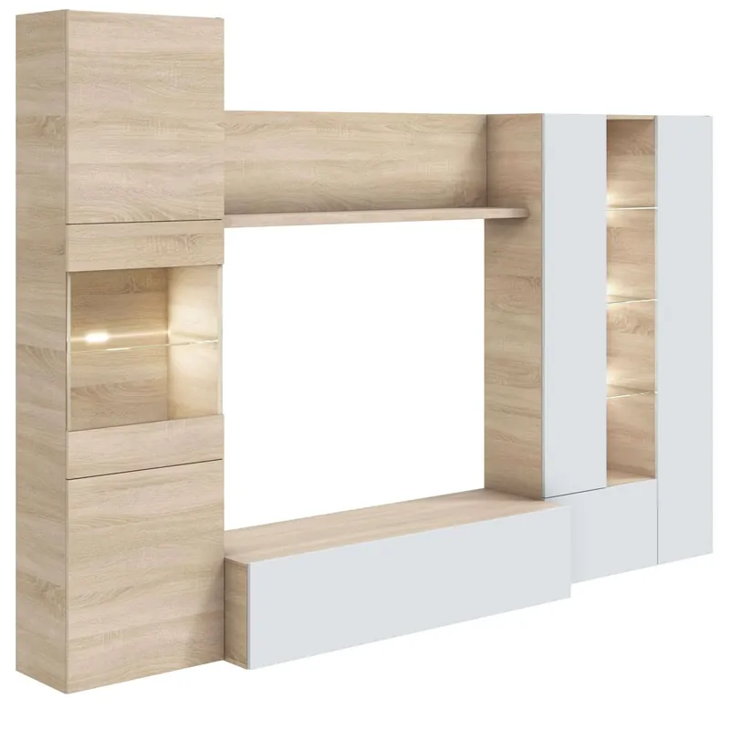 Pack Completo Muebles Salón Con Led Color Canadian Y Blanco Moderno (mueble + Mesa De Centro + Mesa Comedor)