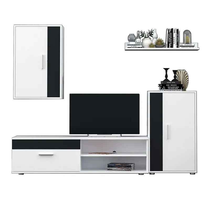 Pack Muebles de Salón Rom TV, 2 Módulos, Estantería, Aparador, Mesa Centro y Comedor Blanco y Negro Melamina