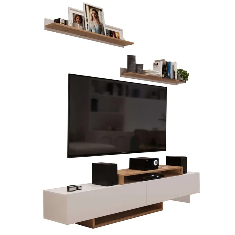 Pack Muebles de Salón Opole Mueble TV, Aparador, Mesa de Centro y Mesa de Comedor Blanco Mate y Roble Claro