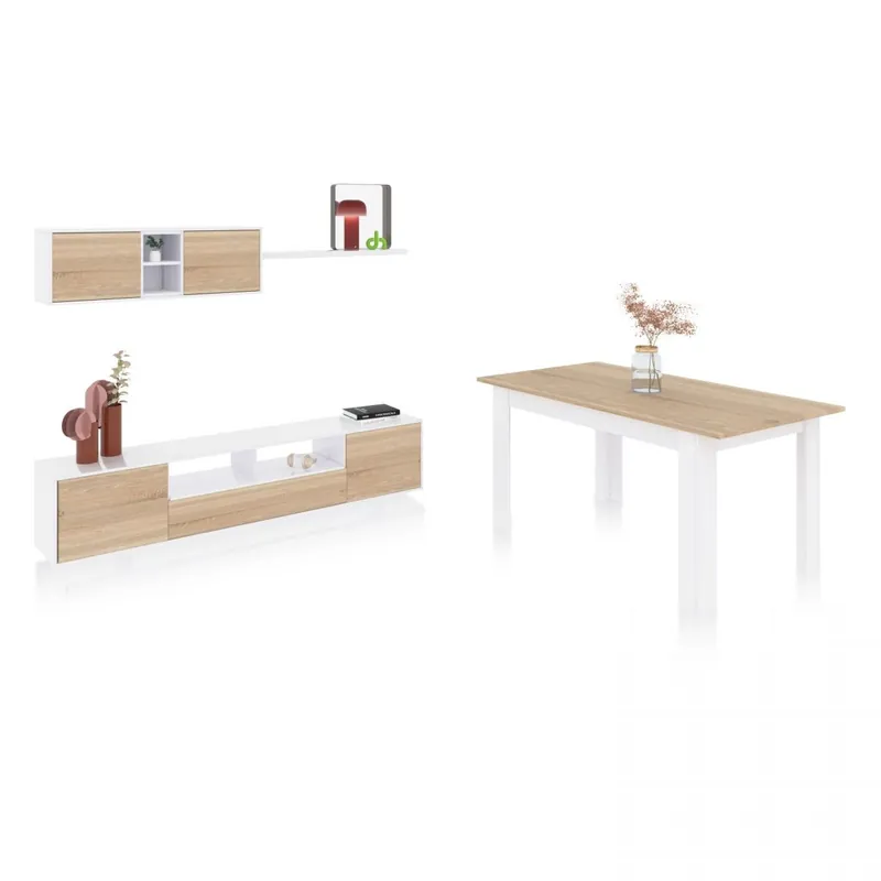 Pack salón con mesa de comedor Kenzo Plus VA Blanco Artik (Blanco Mate) - Roble Canadian 200 x 46 x 41 cm