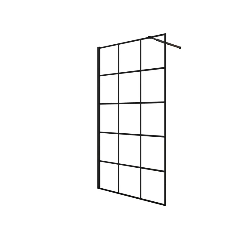 Mampara de ducha fija serigrafiada de celosía cuadrada Vidrio Antical 8mm con Barra 73-120cm Perfil Negro Mate (78-80)x200cm