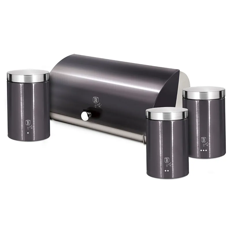 Berlinger Haus Carbon Pro Panera de Mesa +Juego 3 Botes Cocina Almacenaje Acero Inoxidable Contenedor de Pan con Tapa, , Inox/Gris Oscuro