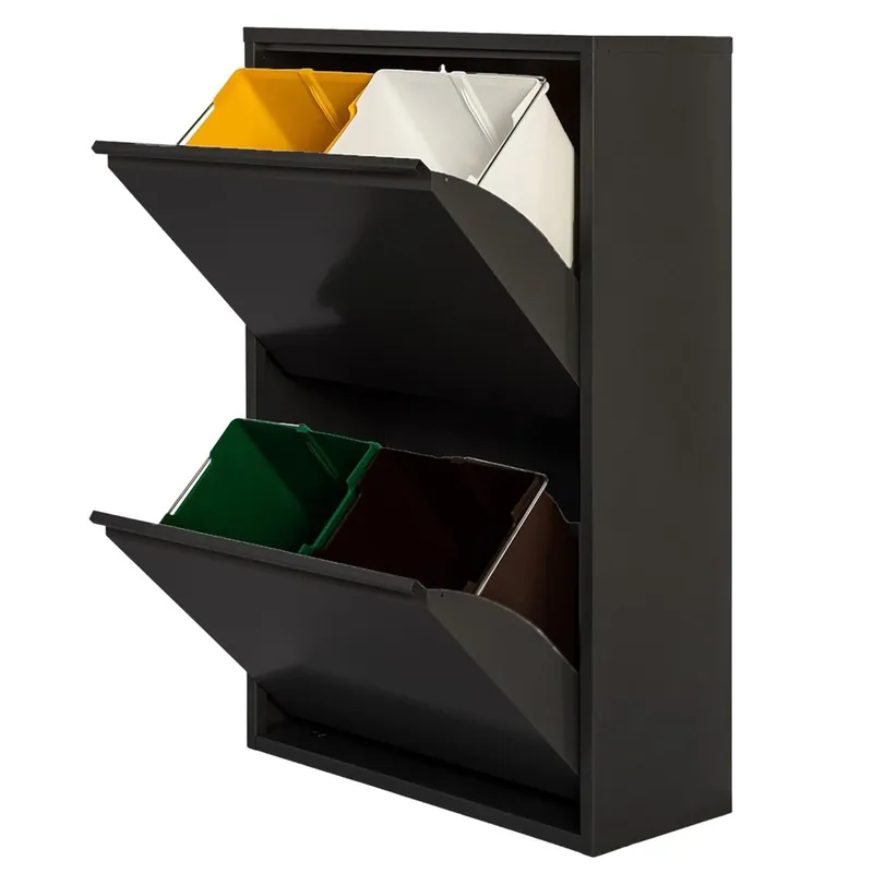 WELL HOME MOBILIARIO & DECORACIÓN Cubo de basura y reciclaje Metálico de 4 compartimentos, 4x17L (68L) Negro mate - Baño