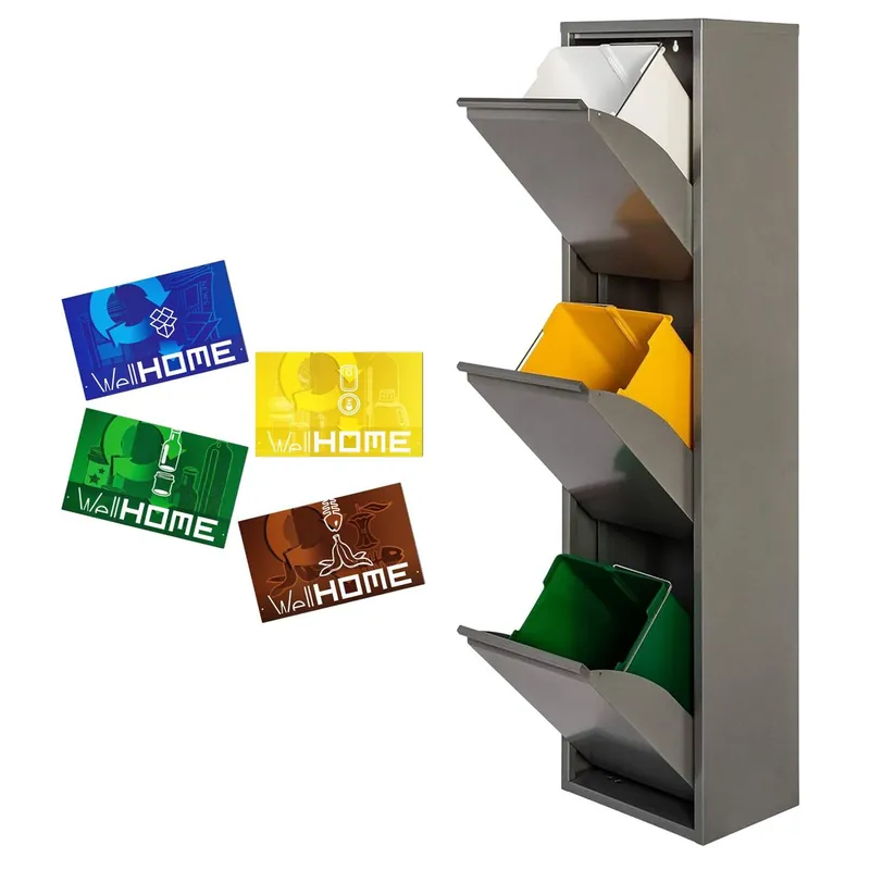 WELL HOME MOBILIARIO & DECORACIÓN Cubo de basura y reciclaje Metálico de 3 compartimentos + 4 etiquetas magnéticas, 3x17L (51L) Gris brillo - Baño