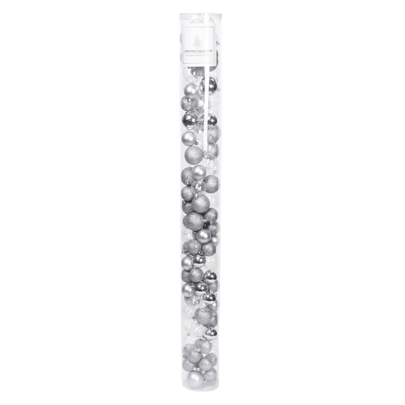 Well Home Paquete de 100 Bolas color Plata de Navidad en Tubo en diferentes Acabados y Tamaños - Decoración
