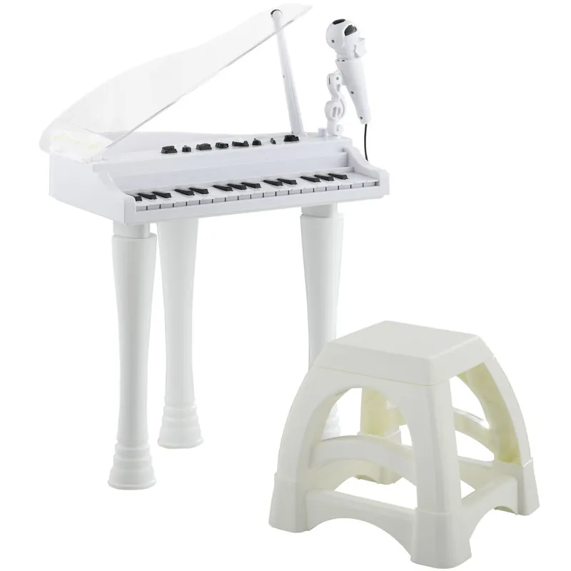 AIYAPLAY Piano Electrónico Infantil de 32 Teclas Juego de Piano con Micrófono Taburete Luces 22 Canciones 4 Sonidos Patas Desmontables y Volumen Ajustable 37x30,5x60,4 cm Blanco - Jardín